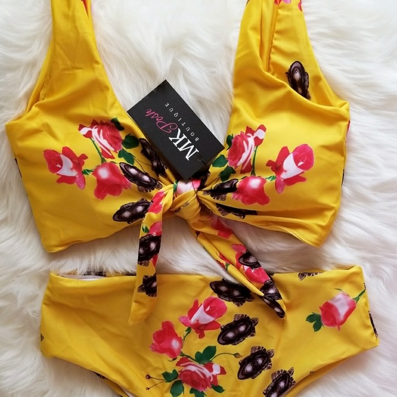 🔃Front Tie High Waist Floral 2 Piece Bikini Set - Picture 2 of 6